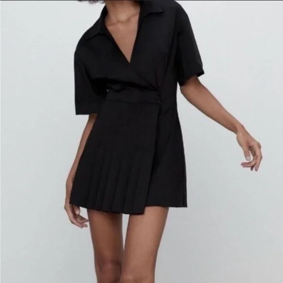 Zara Stretch Poplin Wrap Pleated Mini Dress - Picture 3 of 3